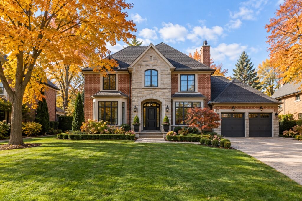 A large brick and stone home with a leaf-free lawn, tidy garden beds and a clean front walkway in autumn
