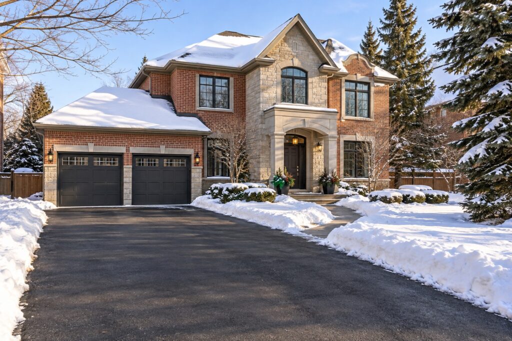 A large brick and stone home with a cleared driveway and front walkway bordered by neat snowbanks